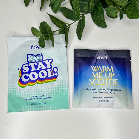 Perfectly Posh NWT Sheet Mask Stay Cool & Bath‎ Powder Warm Me Up Scottie - Picture 1 of 5